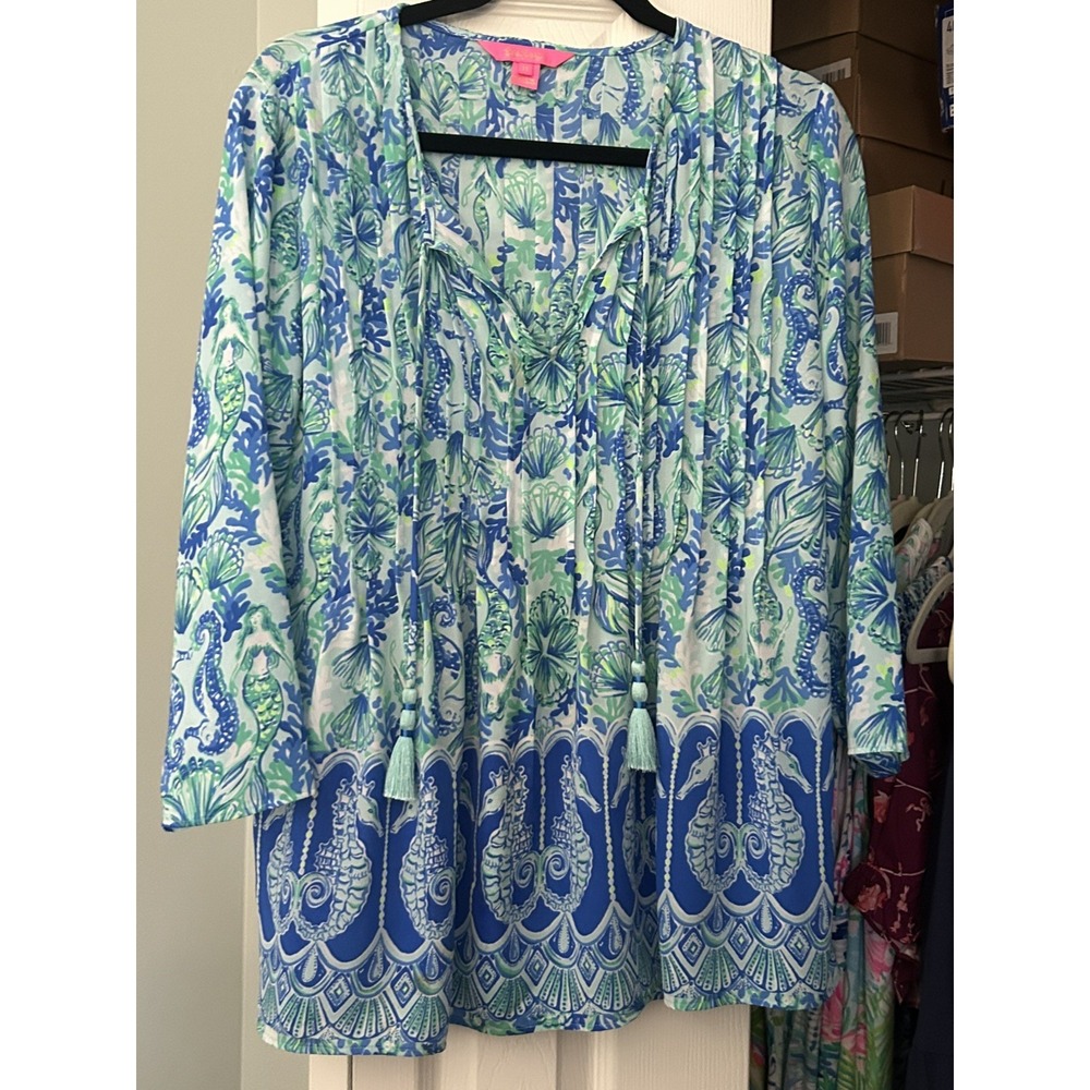Lilly Pulitzer Marilina Tunic Sea Glass Aqua Blue Tassels seahorse mermaid